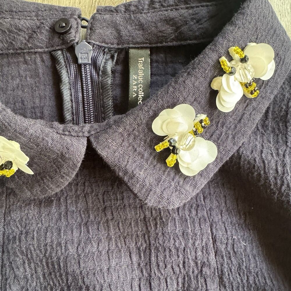 Zara Trafaluc Mini Dress Cotton Sz XS Blue Peter Pan Collar Shift Bee Beaded - Picture 5 of 15